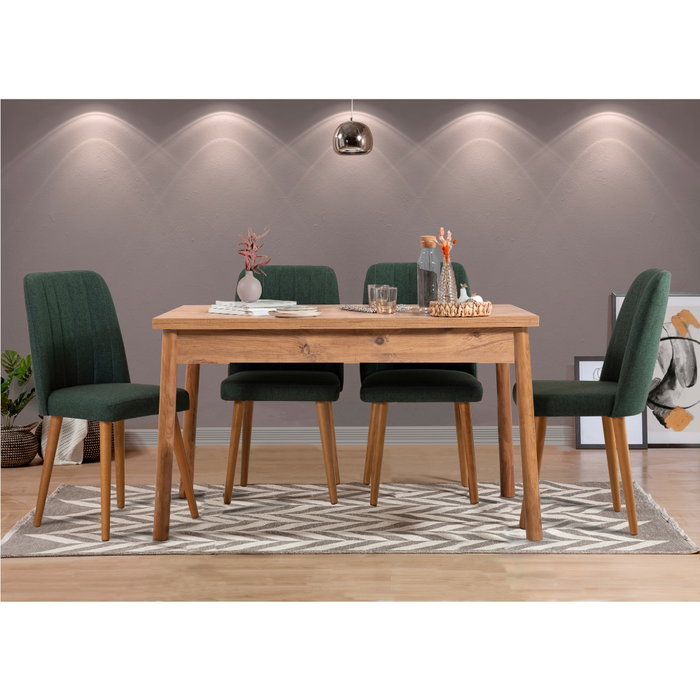 Hanah Home Juego de Mesa y Sillas de Comedor (5 Piezas) Pino Atlántico y Verde, Tablero Melamínico 18mm, Sillas Metal Lino